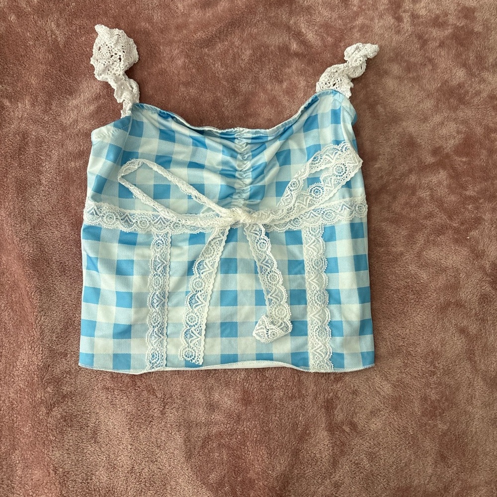SHEIN Blue and White Gingham Lace Trim Tank Top